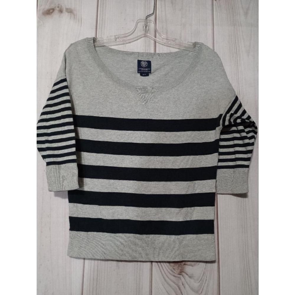 American Eagle Womens Gray Navy Striped 3/4 Sleeve Cotton Knit Sweater Small